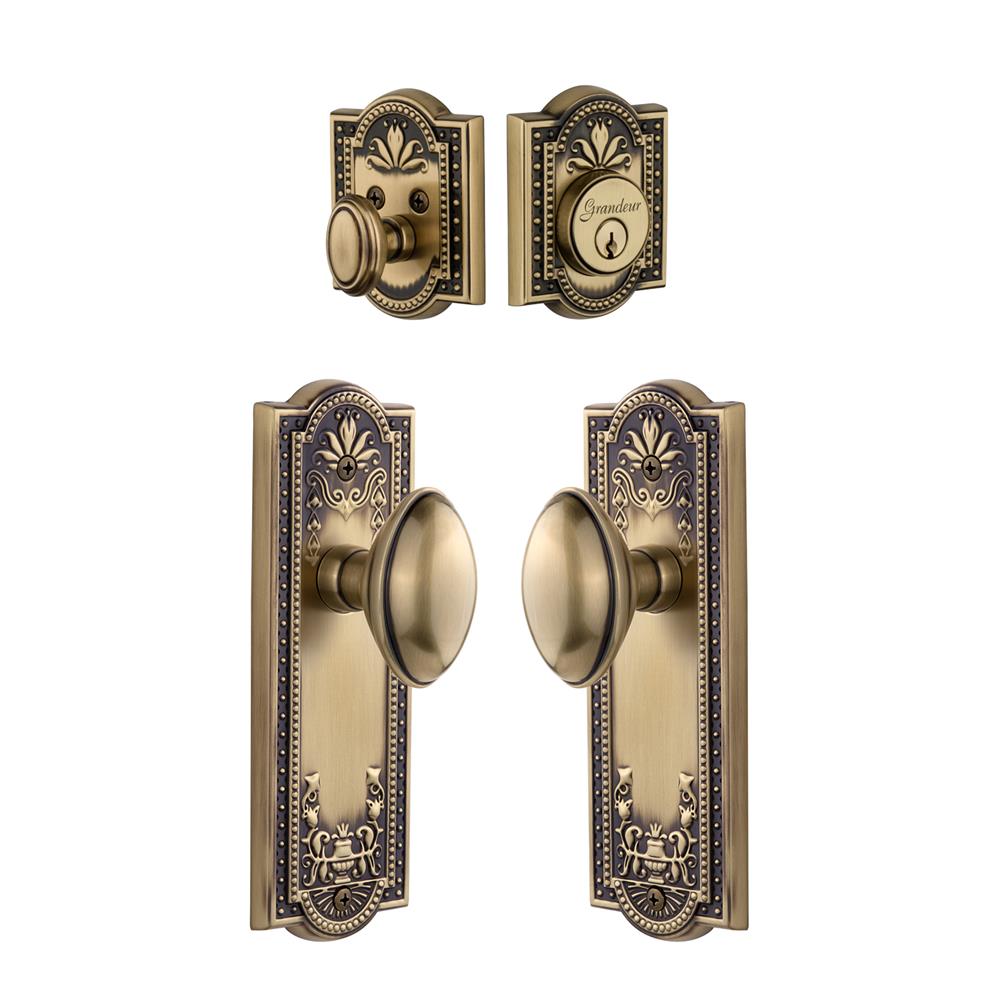 Grandeur by Nostalgic Warehouse Single Cylinder Combo Pack Keyed Differently - Parthenon Plate with Eden Prairie Knob and Matching Deadbolt in Vintage Brass